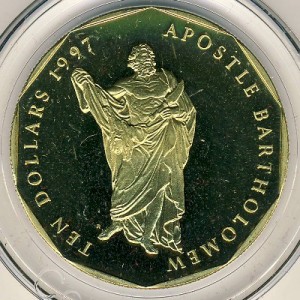 Реверс монеты Маршалловы Острова, 10 долларов, 1997, Двенадцать апостолов - Апостол Варфоломей