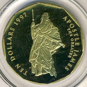 Реверс монеты Маршалловы Острова, 10 долларов, 1997, Двенадцать апостолов - Апостол Иаков Зеведеев