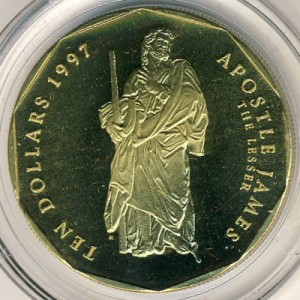 Реверс монеты Маршалловы Острова, 10 долларов, 1997, Двенадцать апостолов - Апостол Иаков Алфеев