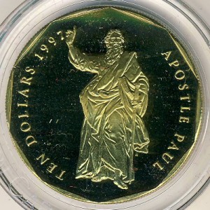 Реверс монеты Маршалловы Острова, 10 долларов, 1997, Двенадцать апостолов - Апостол Павел