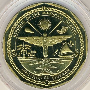 Аверс монеты Маршалловы Острова, 10 долларов, 1997, Двенадцать апостолов - Апостол Матфей