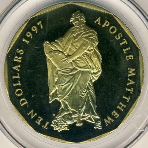 Реверс монеты Маршалловы Острова, 10 долларов, 1997, Двенадцать апостолов - Апостол Матфей