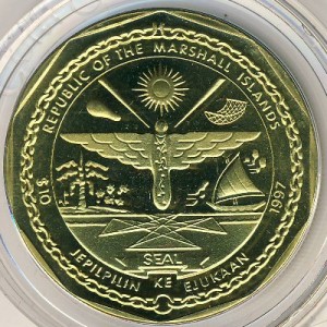 Аверс монеты Маршалловы Острова, 10 долларов, 1997, Двенадцать апостолов - Апостол Пётр