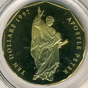 Реверс монеты Маршалловы Острова, 10 долларов, 1997, Двенадцать апостолов - Апостол Пётр