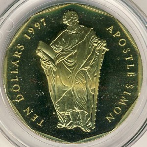 Реверс монеты Маршалловы Острова, 10 долларов, 1997, Двенадцать апостолов - Апостол Симон