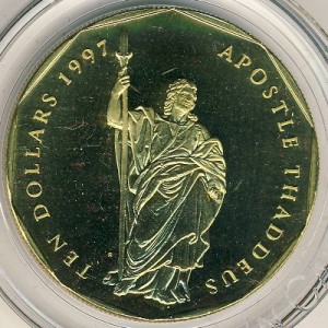 Реверс монеты Маршалловы Острова, 10 долларов, 1997, Двенадцать апостолов - Апостол Фаддей