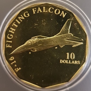 Реверс монеты Маршалловы Острова, 10 долларов, 1997, Истребитель - F-16 Fighting Falcon