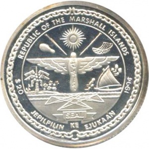 Аверс монеты Маршалловы Острова, 20 долларов, 1994, 25 лет первому человеку на Луне