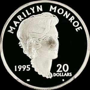 Реверс монеты Маршалловы Острова, 20 долларов, 1995, Мэрилин Монро