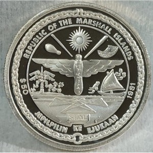 Аверс монеты Маршалловы Острова, 50 долларов, 1991, Мицубиси А6М "Зеро"