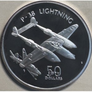 Реверс монеты Маршалловы Острова, 50 долларов, 1991, Lockheed P-38 Lightning