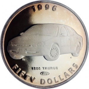 Реверс монеты Маршалловы Острова, 50 долларов, 1996, Классические автомобили - 1996 Ford Taurus
