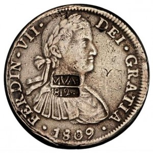 Аверс монеты Мексика, 8 реалов, 1812, Надчекан "MVA 1812" на монете KM# 109
