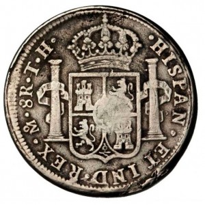 Реверс монеты Мексика, 8 реалов, 1812, Надчекан "MVA 1812" на монете KM# 109