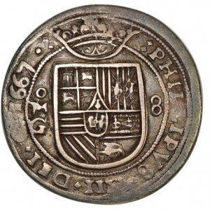 Аверс монеты Мексика, 8 реалов, 1621-1667, Королевская монета, Герб Фландрии и Тироля на аверсе