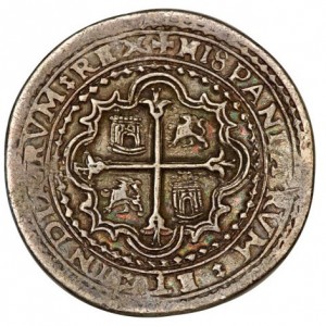 Реверс монеты Мексика, 8 реалов, 1621-1667, Королевская монета, Герб Фландрии и Тироля на аверсе