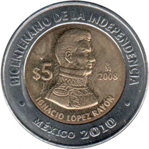 Реверс монеты Мексика, 5 песо, 2008, Игнасио Лопес Район