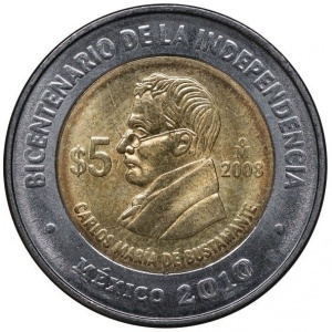 Реверс монеты Мексика, 5 песо, 2008, Карлос Мария де Бустаманте