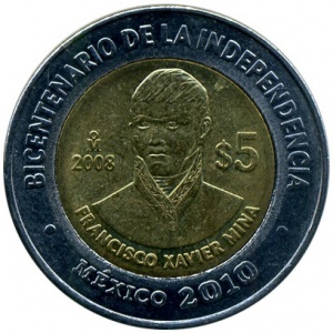 Реверс монеты Мексика, 5 песо, 2008, Франсиско Хавьер Мина