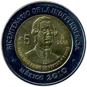Реверс монеты Мексика, 5 песо, 2008, Франсиско Примо де Вердад и Рамос