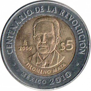 Реверс монеты Мексика, 5 песо, 2009, Филомено Мата