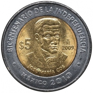 Реверс монеты Мексика, 5 песо, 2009, Хосе Мария Кос