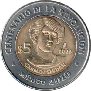 Реверс монеты Мексика, 5 песо, 2009, Кармен Сердан