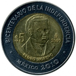 Реверс монеты Мексика, 5 песо, 2009, Педро Морено