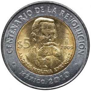 Реверс монеты Мексика, 5 песо, 2009, Андрес Молина Энрикес