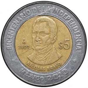 Реверс монеты Мексика, 5 песо, 2009, Николас Браво