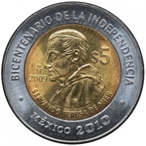 Реверс монеты Мексика, 5 песо, 2009, Сервандо Тереса де Миер