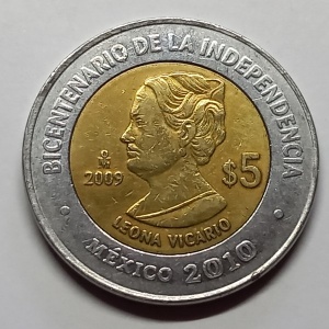 Реверс монеты Мексика, 5 песо, 2009, Леона Викарио