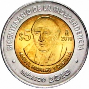 Реверс монеты Мексика, 5 песо, 2010, Мигель Идальго и Костилья