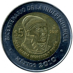 Реверс монеты Мексика, 5 песо, 2010, Хосе Мария Морелос и Павон