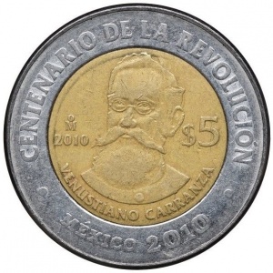 Реверс монеты Мексика, 5 песо, 2010, Венустиано Карранса