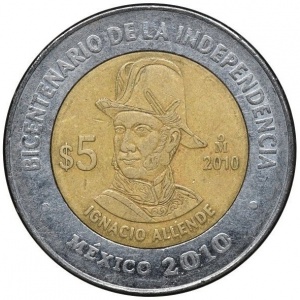 Реверс монеты Мексика, 5 песо, 2010, Игнасио Альенде