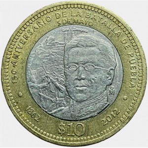Реверс монеты Мексика, 10 песо, 2012, 150 лет Битве при Пуэбле
