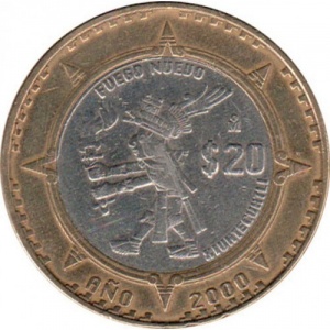Реверс монеты Мексика, 20 песо, 2000-2001, Шиутекутли - бог огня, властелин вулканов