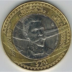 Реверс монеты Мексика, 20 песо, 2013, 150 лет со дня рождения Белисарио Домингеса