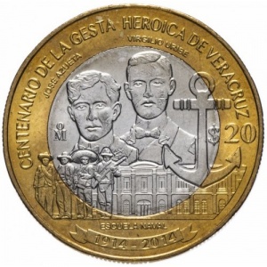 Реверс монеты Мексика, 20 песо, 2014, 100 лет героической обороне Веракруса