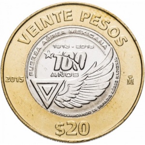 Реверс монеты Мексика, 20 песо, 2015, 100 лет ВВС Мексики