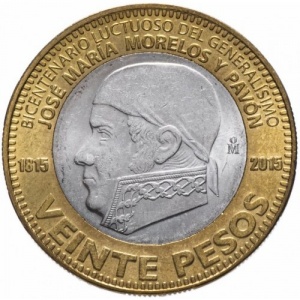 Реверс монеты Мексика, 20 песо, 2015, 200 лет со дня смерти Хосе Марии Морелоса