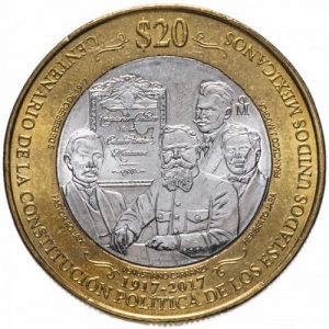 Реверс монеты Мексика, 20 песо, 2017, 100 лет конституции Мексики