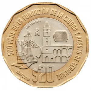 Реверс монеты Мексика, 20 песо, 2019, 500 лет основанию порта Веракрус