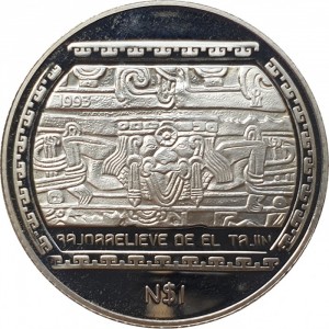 Реверс монеты Мексика, 1 новый песо, 1993, Доколумбовый Веракрус - Барельеф Эль-Тахина