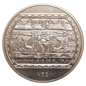Реверс монеты Мексика, 2 новых песо, 1993, Доколумбовый Веракрус - Барельеф Эль-Тахина