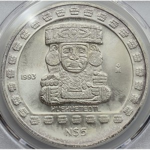Реверс монеты Мексика, 5 новых песо, 1993, Ацтеки - Уэуэтеотль /Huehueteotl/
