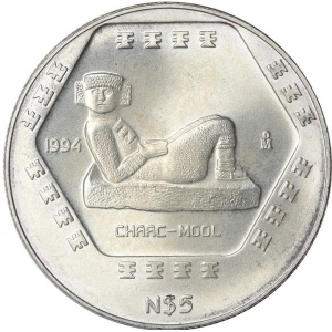 Реверс монеты Мексика, 5 новых песо, 1994, Доколумбова культура - Chaac Mool