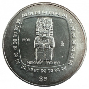 Реверс монеты Мексика, 5 песо, 1996-1998, Ольмеки - Фигура "человека-ягуара"
