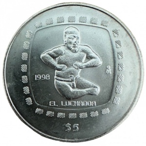 Реверс монеты Мексика, 5 песо, 1996-1998, Ольмеки - Фигура рестлера